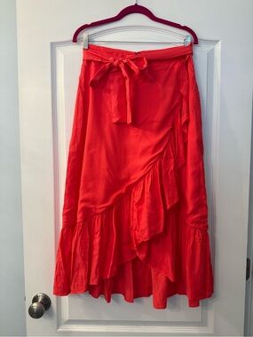 Ann Taylor Coral Red High-Low Ruffle Wrap Skirt
